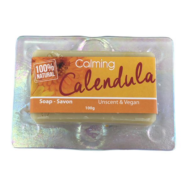 Glass Soap Tray 'clear swirl' with Earthy-Friendly Soap 'calendula' Gift Set - Essential Relaxation
