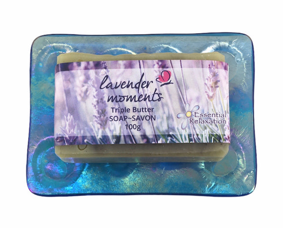 Glass Soap Tray 'tiny bubbles blue' with Earth-Friendly Soap 'lavender' Gift Set - Essential Relaxation