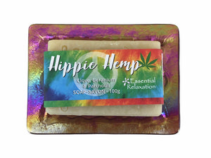 Glass Soap Tray 'psychedelic waves' with Earth-Friendly Soap 'hippie hemp' Gift Set - Essential Relaxation