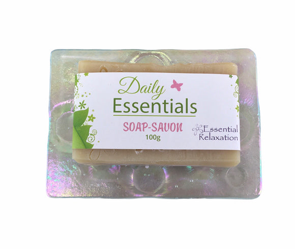 Glass Soap Tray 'tiny bubbles clear' with Earth-Friendly Soap 'daily essentials' Gift Set - Essential Relaxation